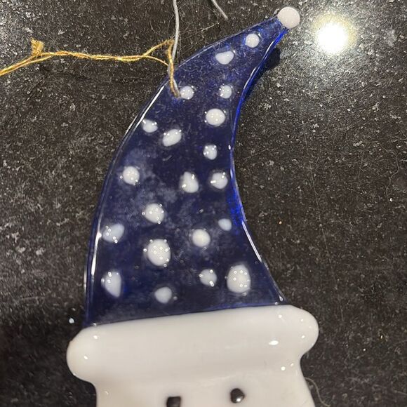 Fused glass snowman ornament blue polkadot hat - Picture 2 of 4
